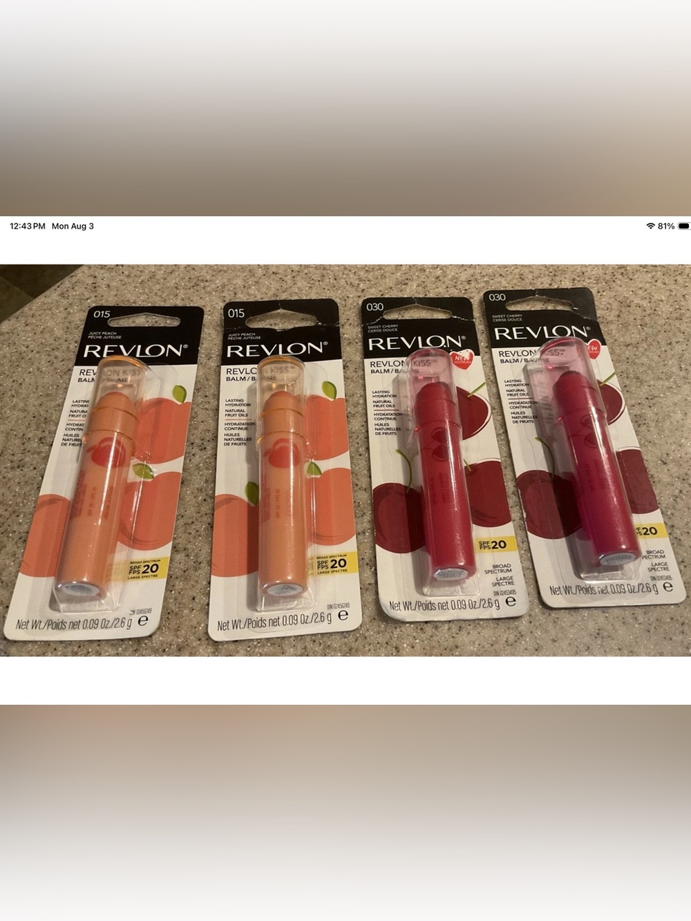 Lot of 4 Revlon Kiss Lip Balm Stick Sweet Cherry #30 & Juicy Peach #15 SPF 20